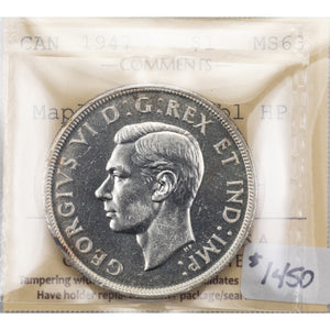 SOLD Canada 1947 Maple Leaf 2xHP $1 Silver Dollar Coin - ICCS MS-63