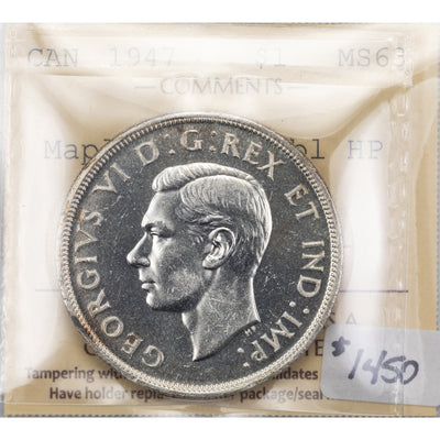 SOLD Canada 1947 Maple Leaf 2xHP $1 Silver Dollar Coin - ICCS MS-63