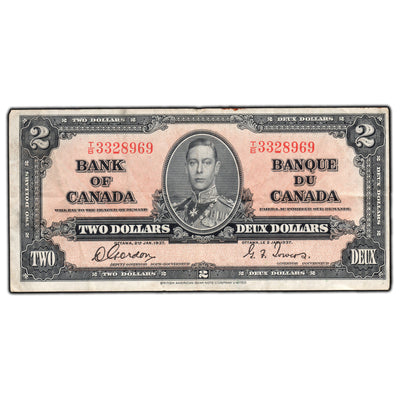 SOLD $2 1937 Bank of Canada Note Gordon-Towers T/B Prefix BC-22b - Border Stain