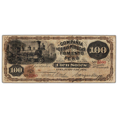Peru Compania de Obras Publicas Y Fomento Del Peru 1876 100 Soles Note P #S449a - F/VF (many pinholes)