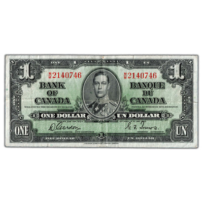 $1 1937 Bank of Canada Note Gordon-Towers M/M Prefix BC-21c - VF (minor tears)