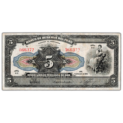 SOLD Peru 1926 (1935) 5 Libras Peruana de Oro Overprint Note P #62 - VF