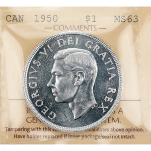SOLD Canada 1950 Short Water Lines $1 Silver Dollar Coin - ICCS MS-63