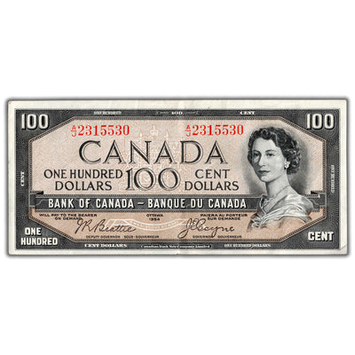 SOLD $100 1954 Bank of Canada Note Devil Face A/J Prefix BC-35b - VF