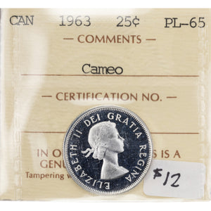 SOLD Canada 1963 25 Cents Quarter Silver Coin - ICCS Proof-Like PL-65 Cameo