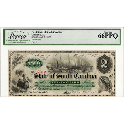 United States 1872 $2 State of South Carolina Revenue Bond Scrip Note - Legacy Gem UNC-65 PPQ