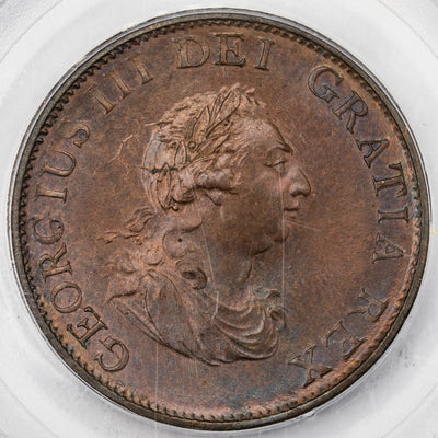 Great Britain 1799 1/2d Half Penny Coin KM #647 - PCGS MS-65 Brown