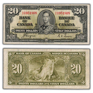 SOLD $20 1937 Bank of Canada Note Coyne-Towers H/E Changeover Prefix BC-25c - Fine+