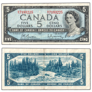 SOLD $5 1954 Bank of Canada Note Beattie-Rasminsky N/X Prefix BC-39b - VF