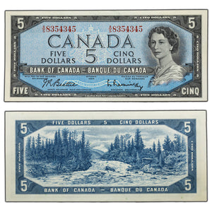 SOLD $5 1954 Bank of Canada Note Beattie-Rasminsky A/S Prefix BC-39b - AU+