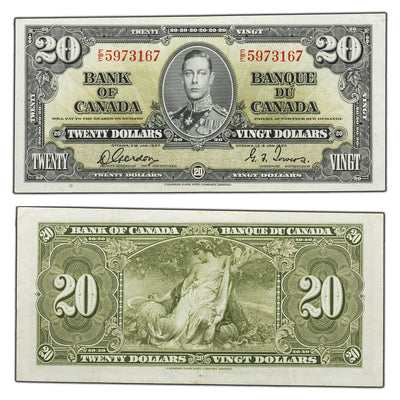 SOLD $20 1937 Bank of Canada Note Gordon-Towers E/E Prefix BC-25b - EF/AU