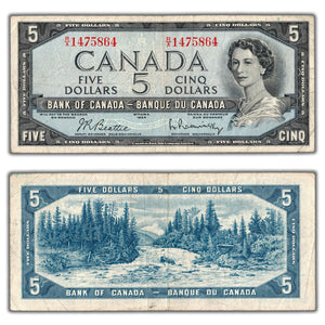 SOLD $5 1954 Bank of Canada Note Beattie-Rasminsky R/X Prefix BC-39b - VF