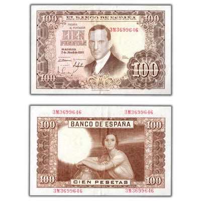 SOLD Spain 1953 100 Pesetas Note P #145