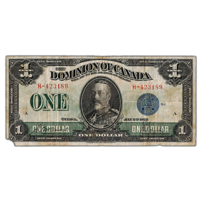 $1 1923 Dominion of Canada Note Blue Seal Series H DC-25c - Missing Corner/Pinholes