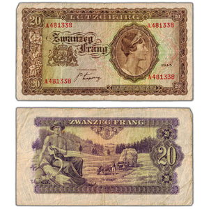 SOLD Luxembourg 1943 20 Twenty Frang Note P #42a - Circulated