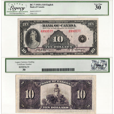 $10 1935 Bank of Canada Note English Text BC-7 - Legacy VF-30