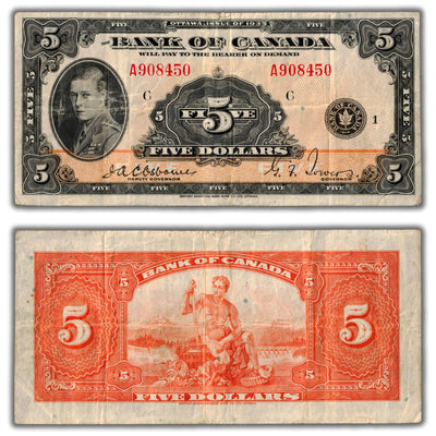 SOLD $5 1935 Bank of Canada Note English Text BC-5 - F/VF (small tear)