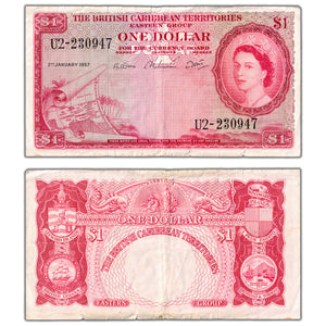 SOLD British Caribbean Territories 1957 $1 One Dollar Note P #7b - Circulated (tears)