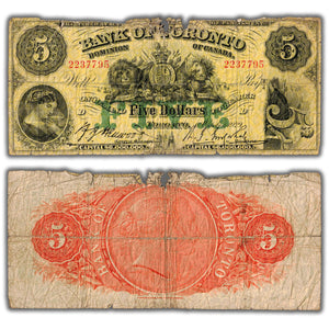SOLD $5 1929 Bank of Toronto Canada Chartered Note CH #715-22-22 - Damaged