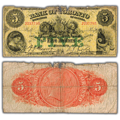 SOLD $5 1929 Bank of Toronto Canada Chartered Note CH #715-22-22 - Damaged