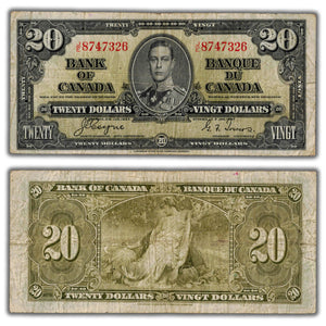 SOLD $20 1937 Bank of Canada Note Coyne-Towers J/E Prefix BC-25c - VG/F