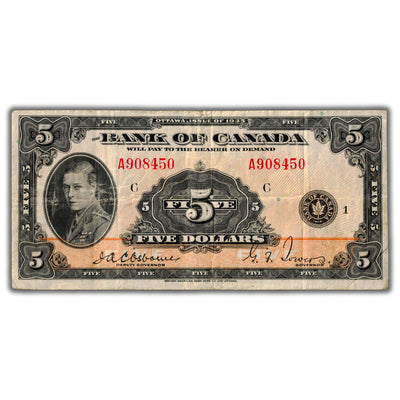 SOLD $5 1935 Bank of Canada Note English Text BC-5 - F/VF (small tear)