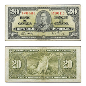 SOLD $20 1937 Bank of Canada Note Gordon-Towers E/E Prefix BC-25b - F/Vf (minor writing)
