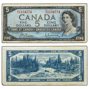 SOLD $5 1954 Bank of Canada Note Beattie-Rasminsky R/X Prefix BC-39b - VF