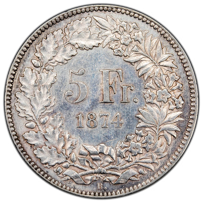 SOLD Switzerland 1874-B Medallic Alignment 5 Francs Silver Coin - Hairlines