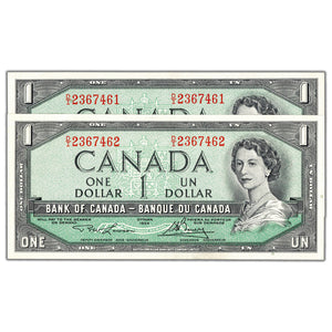 SOLD $1 1954 Bank of Canada Notes D/I Prefix BC-37d - 2 Consecutive Choice UNC