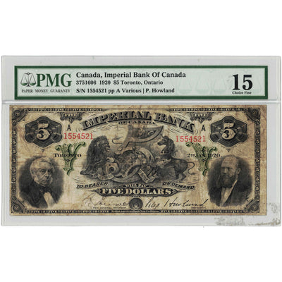 $5 1920 Imperial Bank of Canada Chartered Note #375-16-06 - PMG F-15