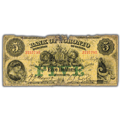 SOLD $5 1929 Bank of Toronto Canada Chartered Note CH #715-22-22 - Damaged