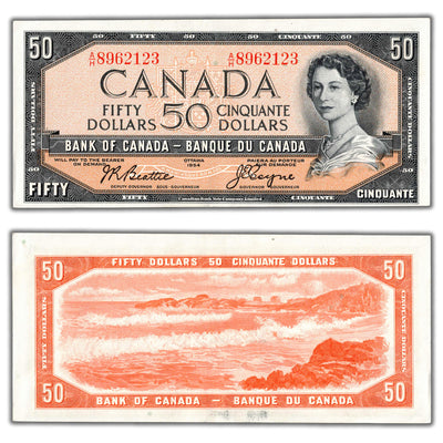 SOLD $50 1954 Bank of Canada Note Beattie-Coyne A/H Prefix BC-42a - AU