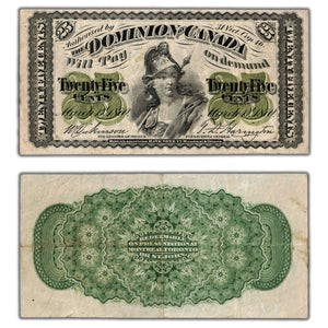 SOLD 25 Cents 1870 Dominion of Canada Shinplaster Note Plain P #1c - VF+