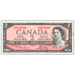 SOLD $2 1954 Bank of Canada Note Lawson-Bouey N/G Prefix BC-38d - EF/AU