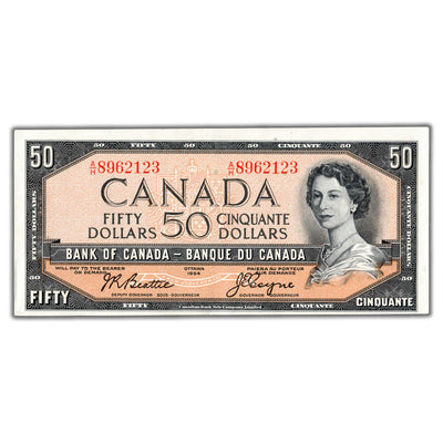SOLD $50 1954 Bank of Canada Note Beattie-Coyne A/H Prefix BC-42a - AU
