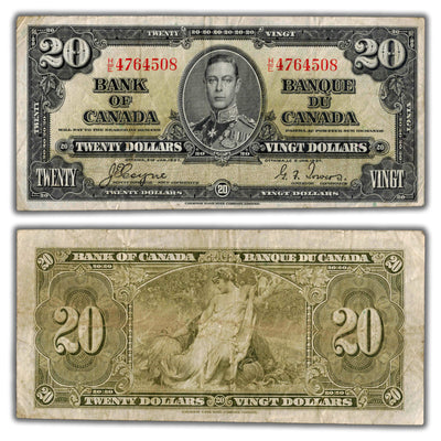 $20 1937 Bank of Canada Note Coyne-Towers H/E Changeover Prefix BC-25c - F/VF