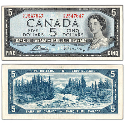 $5 1954 Bank of Canada Note Bouey-Rasminsky V/X Prefix BC-39c - VF/EF