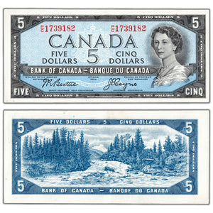 SOLD $5 1954 Bank of Canada Note Beattie-Coyne P/C Prefix BC-39a - AU