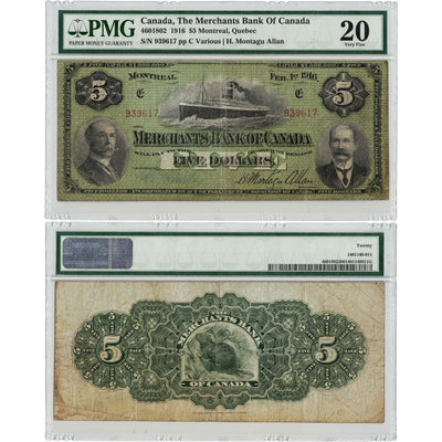 $5 1916 Merchants Bank of Canada Chartered Note #460-18-02 - PMG VF-20