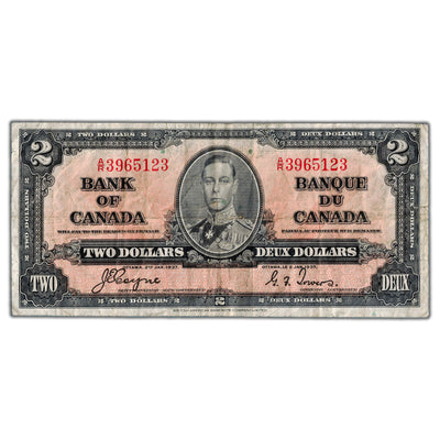 $2 1937 Bank of Canada Note Coyne-Towers A/R Prefix BC-22c - Fine (edge tear)