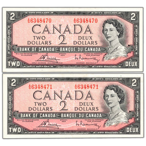 SOLD $2 1954 Bank of Canada Notes A/G Changeover Prefix BC-38c - 2 Consecutive EF/AU