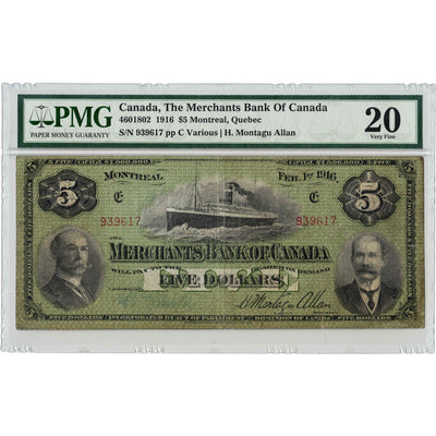 $5 1916 Merchants Bank of Canada Chartered Note #460-18-02 - PMG VF-20