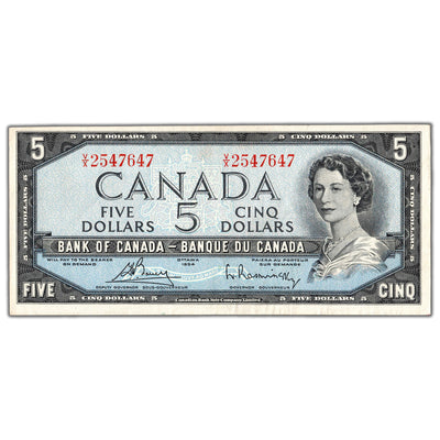 $5 1954 Bank of Canada Note Bouey-Rasminsky V/X Prefix BC-39c - VF/EF