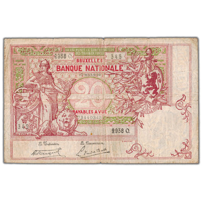 Belgium 1919 20 Francs Note P #67 - Tear