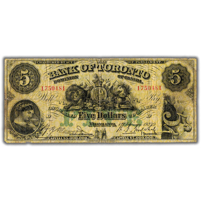 SOLD $5 1923 Bank of Toronto Canada Chartered Note CH #715-22-20 - VG/F