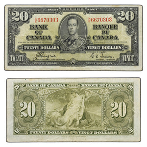 SOLD $20 1937 Bank of Canada Note Coyne-Towers K/E Prefix BC-25c - Small Edge Tears