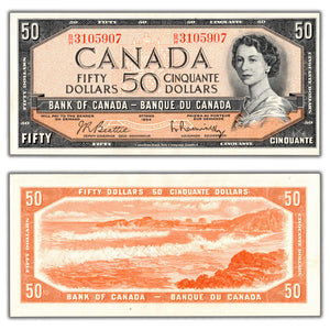 SOLD $50 1954 Bank of Canada Note Beattie-Rasminsky B/H Prefix BC-42b - UNC