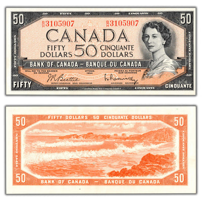 SOLD $50 1954 Bank of Canada Note Beattie-Rasminsky B/H Prefix BC-42b - UNC