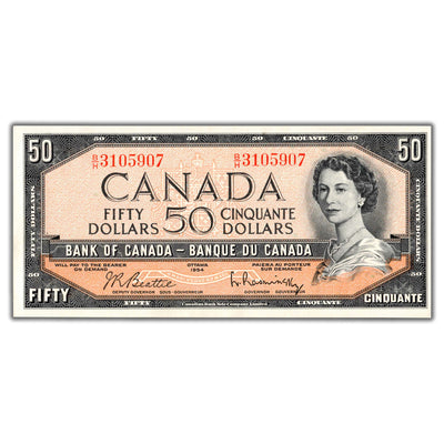 SOLD $50 1954 Bank of Canada Note Beattie-Rasminsky B/H Prefix BC-42b - UNC